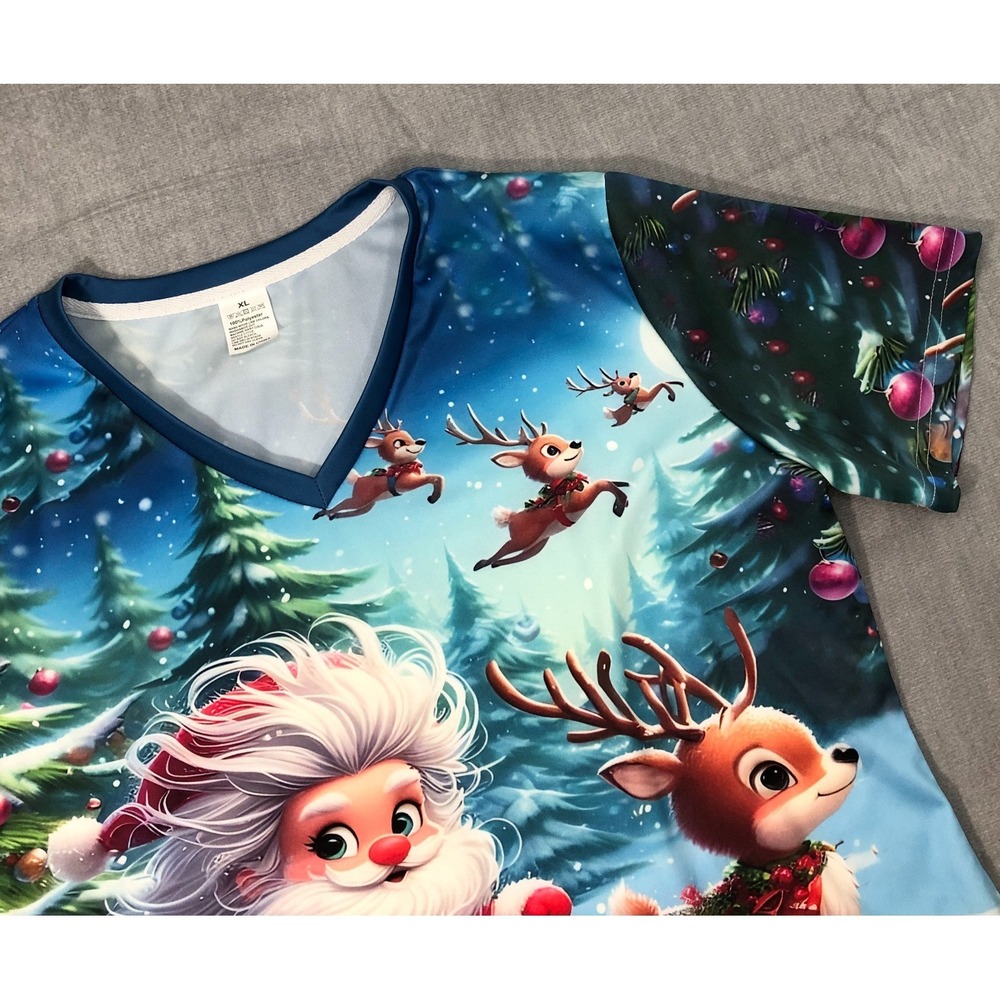 Scrub Top Women's XL Blue Christmas Santa Claus Reindeer Snow Winter Presents